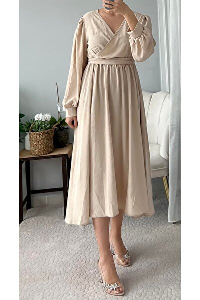 PatutA ButiK Taş Rengi Kruvaze Yaka Kuşaklı Elbise