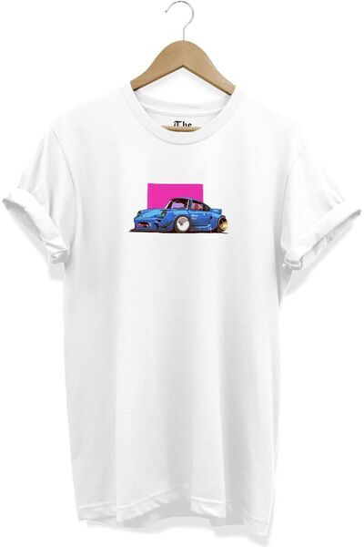 The Baski Bela unisex retro trkaća mašina Štampano kratki rukav T-shirt
