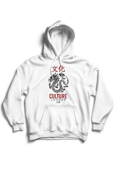 The Baski Hanorac de înaltă calitate premium, unisex, alb, cu imprimeu în interiorul culturii dragonului japonez