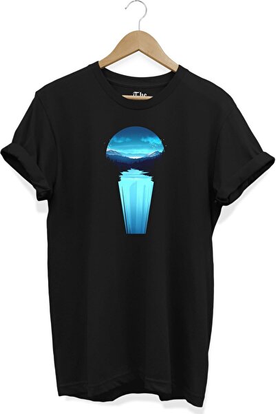 The Baski Tricou negru unisex cu mânecă scurtă cu imprimeu de noapte și cascadă