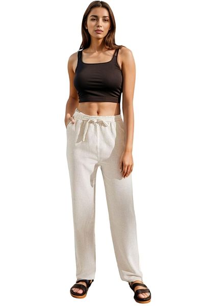 Cassime Linen Belted Women's Carrot Trousers with Pockets - Cream