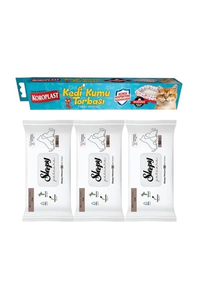 Koroplast Kedi Kumu Torbası ve 3 Adet Sleepy Evcil Hayvan Pati Temizleme Mendili