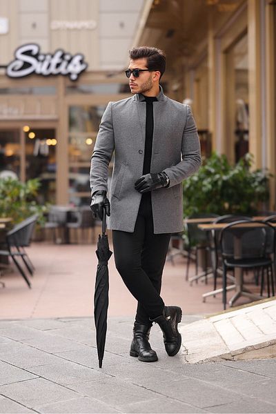 MİX CLOTHES Ανδρικό Smoked Slim Fit Stamp γιακά παλτό