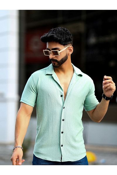 RESTBAY Κοντομάνικο πουκάμισο Lycra Slim Fit με ανοιχτό γιακά