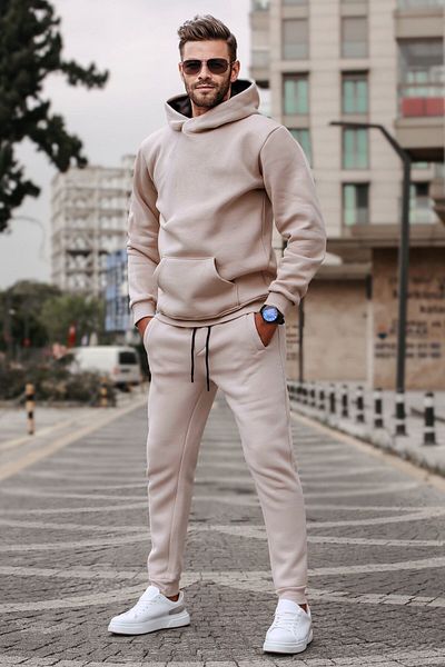 BayBayan Ανδρικό σετ αθλητικών φόρμας μπεζ Oversize με κουκούλα 3 κλωστών