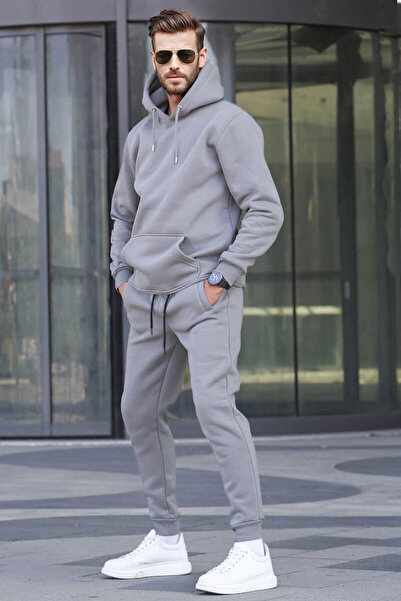 BayBayan Ανδρικό σετ αθλητικής φόρμας σε γκρι χρώμα, με κουκούλα, 3 κλωστές, ...