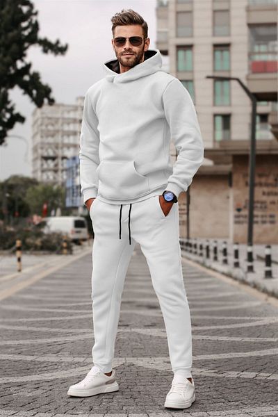 BayBayan Ανδρικό λευκό oversize Hoodie 3 Thread Raster Sport αθλητικό σετ