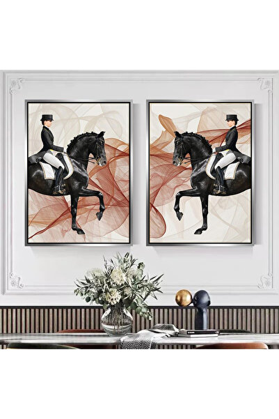 Markazip Hermes Atlı Tasarım Gümüş Metal Çerçeveli Ikili Kanvas Tablo H120-K