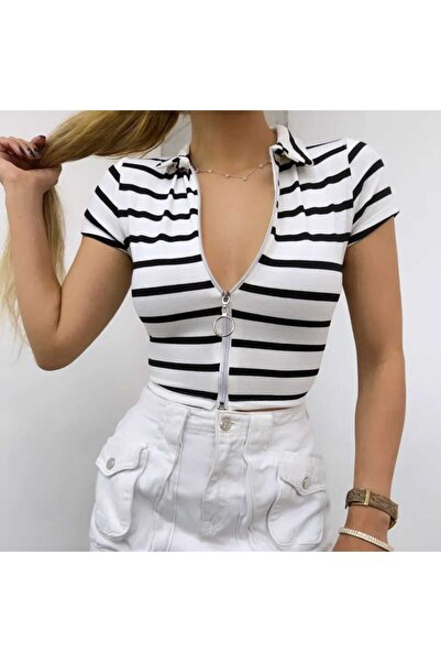 Kadın Polo Yaka  Dokuma Kumaş Fermuarl Yatay Çizgi Detaylı Special Model Crop Yelek