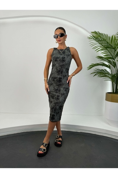 Elif Özbey Butik Anthracite Tie-Dye Patterned Body Dress