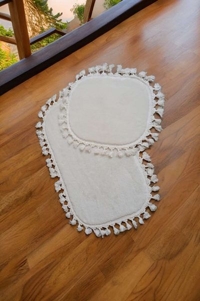 ALTUN CARPET 2 قطعة كريم + 6 ألوان متاحة سجادة حمام بوست قطيفة بوم بوم مهدب سجادة غير قابلة للانزلاق 50x80+40x50