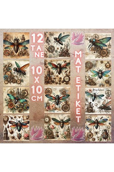 Pink Swan Craft Set de autocolante pentru etichete pentru planificator, 12 bucăți, vintage, insecte Steampunk