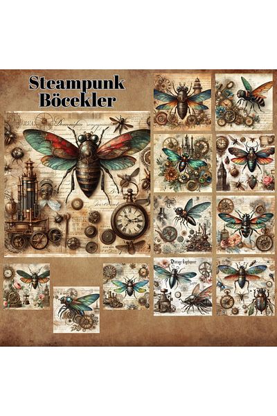 Pink Swan Craft Set de autocolante pentru etichete pentru planificator, 12 bucăți, vintage, insecte Steampunk