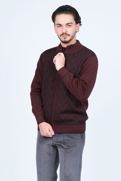 Ateş Triko Men's Patterned Wool Cardigan 6092541 Claret Red