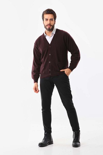 San&Fa Sanfa Men's V-Neck Pure Wool Cardigan 2634 Claret Red