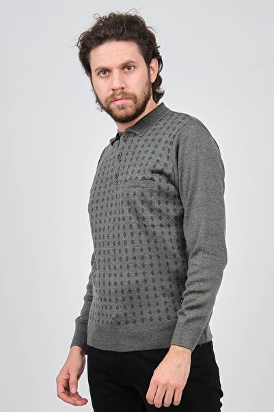 Çizgi Triko Чоловічий светр з деталями на кишені та візерунком на комірі 42544216 Сірий