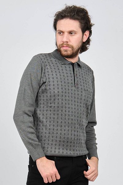 Çizgi Triko Men's Pocket Detailed Polo Neck Patterned Sweater 42544216 Gray