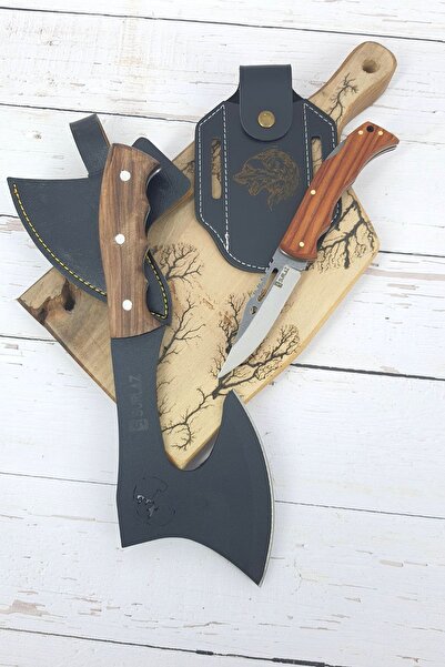 SürLaz İsme Özel 2'li Katlanır Kamp Çakı Outdoor Balta Deri Kılıflı Set