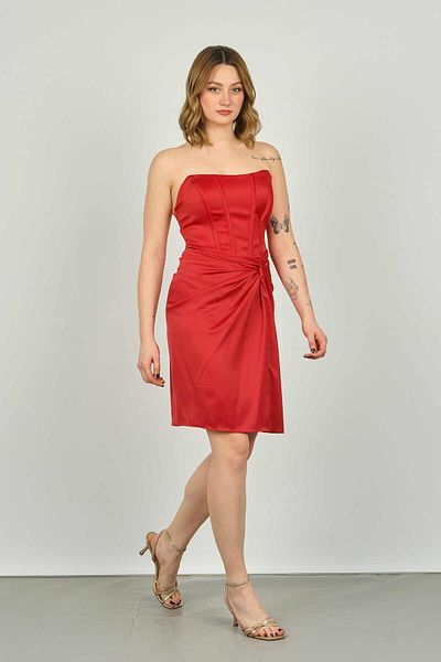 DORİDORCA Doridorca Women's Strapless Corseted Mini Evening Dress 5107 Red