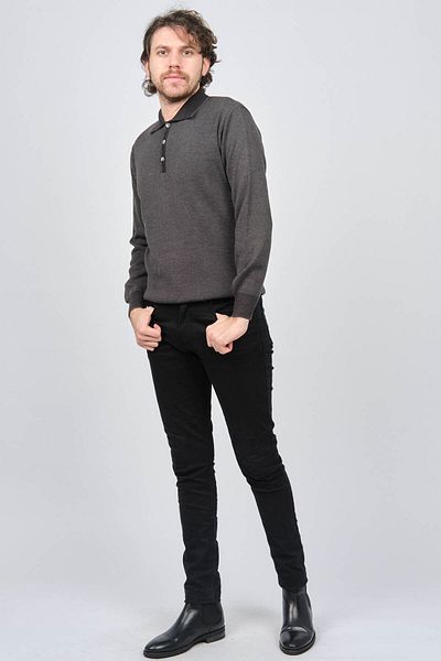 Ateş Triko Men's Buttoned Polo Neck Wool Sweater 6091903 Smoked