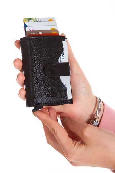 Newish Polo Black Unisex Faux Vegan Leather Wallet with Mechanism - Patch Card Holder (RFID)