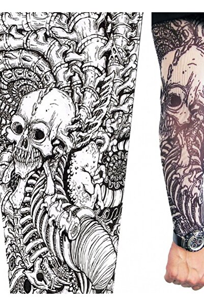 HelloBeautiful Giyilebilir Kol Çorabı Giyilir Kol Dövme Kuru Kafa Çizgisel Streç Kumaş