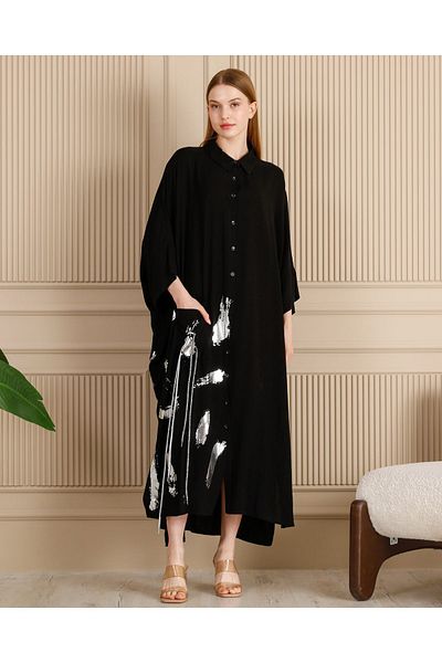 BeyzaBayram Black Glitter String Loose Viscose Long Shirt Dress - Oversize Large Size