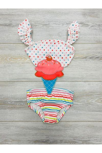 pijama moda Girl's White Polka Dot Ice Cream Patterned Swimsuit with Ruffles on the Sleeves.