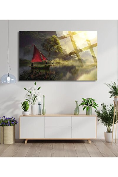 TAULART Peisaj cu barca care plutește pe râu, pictură de lux de 4 mm, din sti...