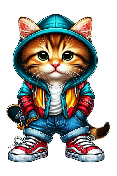 MegaSticker Cool Kaykaycı Kedi Sticker Motor, Kask, Laptop, Araba Sticker 13x...