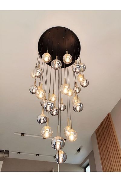 TREND 1000L Tray - 30 Glass Chrome Arms, Decorated Gallery Space, Pendant Chandelier