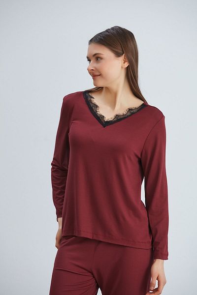 ÇAĞ MODA Set de pijama cu mânecă lungă din dantelă tricotată din viscoză, damă, burgundă