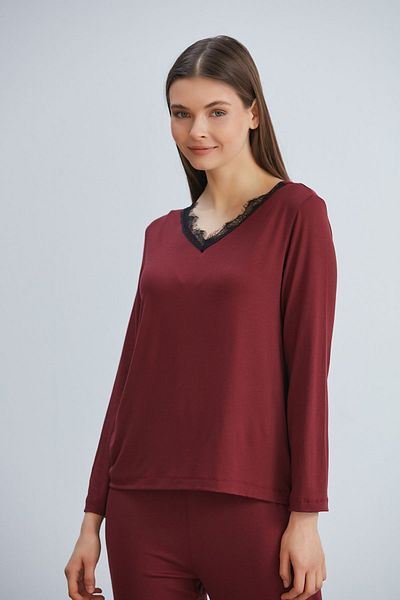 ÇAĞ MODA Set de pijama cu mânecă lungă din dantelă tricotată din viscoză, damă, burgundă
