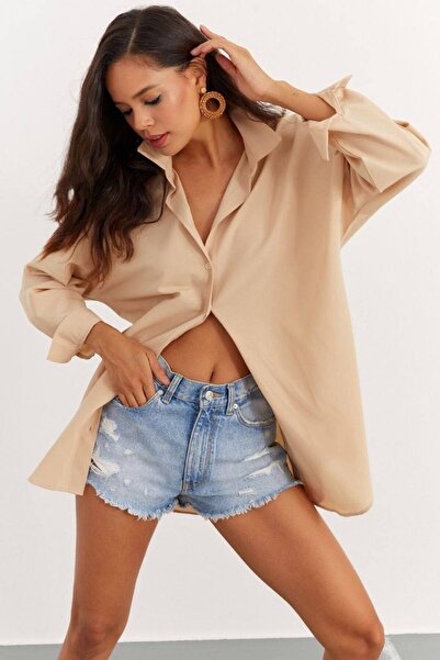 oshebu Μπεζ – Γυναικείο πουκάμισο με ανοιχτό ώμο, oversize