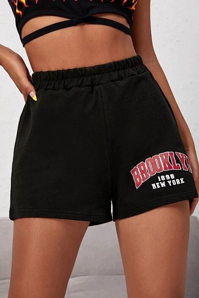 MODAGEN Women's Black Brooklyn Printed Elastic Waist Short Combed Cotton Shorts