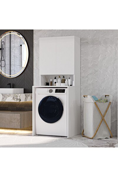 İMBAŞ Mobilya Çamaşır Makinesi Dolabı 3 Raflı Kapaklı Banyo Dolabı Beyaz