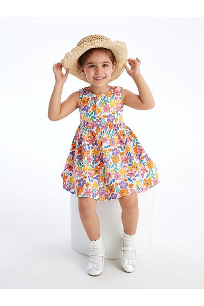 LC Waikiki Poplin Patterned Crew Neck Baby Girl Dress