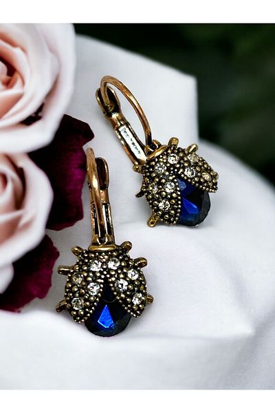 FAYRA ACCESSORIES Blue Ladybug Earrings with Crystal Stones