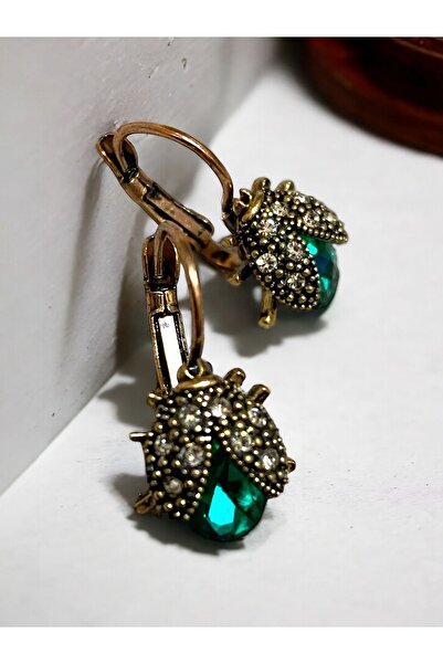 FAYRA ACCESSORIES Yeşil Kristal Taşlı Uğur Böceği Küpe