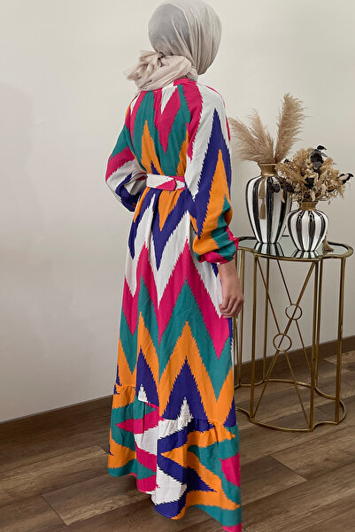 QLAY Γυναικείο καλοκαιρινό φόρεμα oversized βισκόζης με ζώνη με σχέδιο ζιγκ-ζαγκ