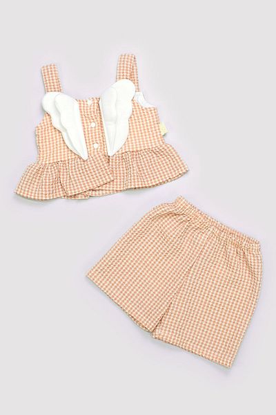 Peki طقم جيليه وشورت بأجنحة من القطن بنسبة 50% بنمط منقوش للفتيات الصغيرات - اضف 5 وادفع 4