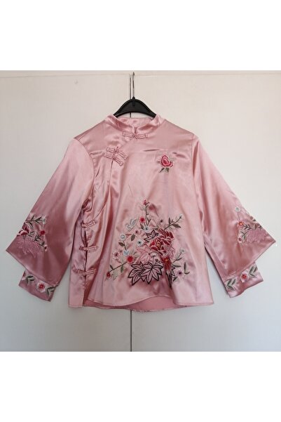 Butik Tülin Kadın otantik polyester pembe çok renkli iplik çiçek nakışlı haki...