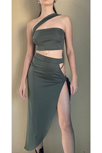 Rosy Live in style Khaki Colored Long Side Low-cut Skirt and Top