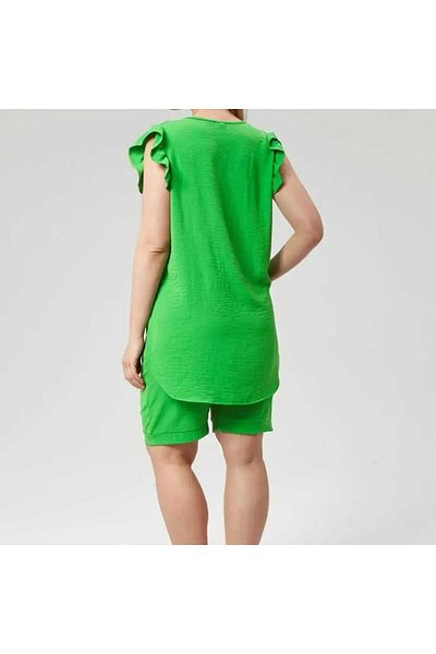 BİrHoşButik Large Size Aerobin Sand - Lycra, Elastic Waist, Ruffle Sleeve, Buttoned Summer Trendy Pocket Set