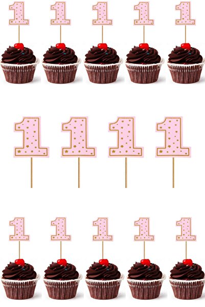 Yusuf Dirik YD Party Supplies Cupcake Kürdanı Altın Yıldızlı Pembe 1 Yaş Tema...