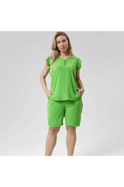 BİrHoşButik Large Size Aerobin Sand - Lycra, Elastic Waist, Ruffle Sleeve, Buttoned Summer Trendy Pocket Set