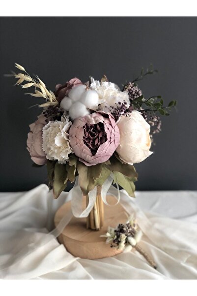 Luvienn Yeni Sezon Kırık Mürdüm-krem Şakayık Gelin Buketi- Gelin Çiçeği-damat...