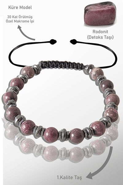 Tesbih Atölyesi Adjustable Bracelet with Real Hematite and Rhodonite Stones