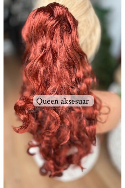 Queen Nelly Yoğun gür kıvırcık bukleli dalgalı postiş takma saç peruklu sentetik toka bakır kızıl kırmızı