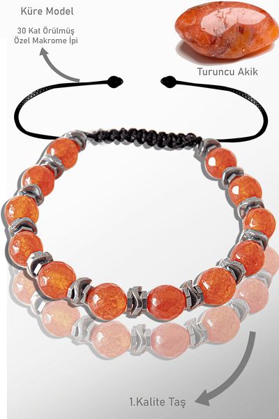 Tesbih Atölyesi Real Hematite and Orange Veined Agate Stone Bracelet - Adjustable